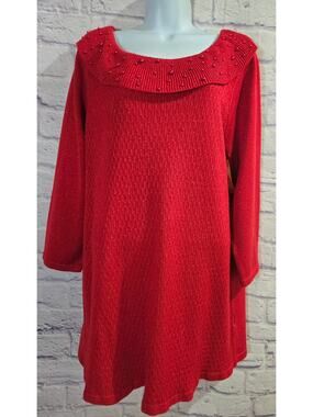 Briggs Red Beaded Scoop Neck 3/4 Sleeves Sweater Top 1X Plus Metallic Thread